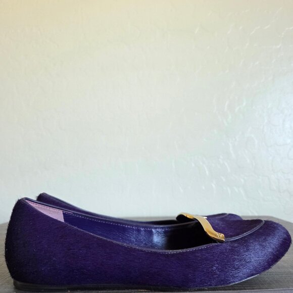 Tory Burch Jessa Purple Calf Hair Flats Slip-On Loafers Size 8.5 Gold Hardware - Picture 1 of 12